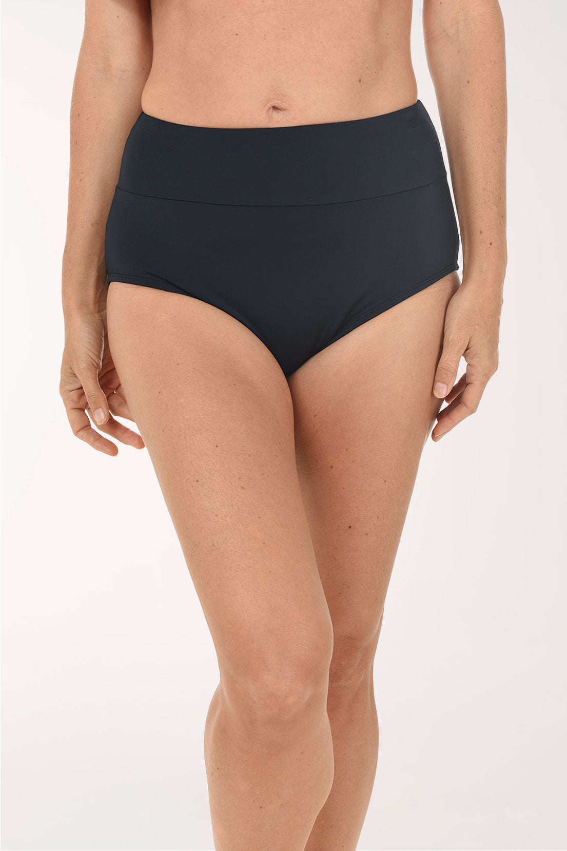 Front view of the Maxine Wide Waistband Full Coverage Swim Brief in black, showing the wide flat waistband.