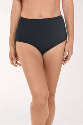 Front view of the Maxine Wide Waistband Full Coverage Swim Brief in black, showing the wide flat waistband.