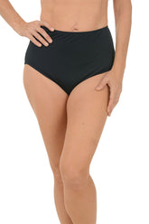 Person wearing black high-waisted bikini bottoms on a white background.