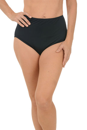 Person wearing black high-waisted bikini bottoms on a white background.