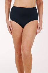 Front view of the Maxine Mid-Rise Swim Brief in black, a full coverage solid swim bottom shown from the waist down.