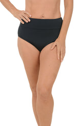 Person wearing black mid-waist bikini bottoms on a white background.