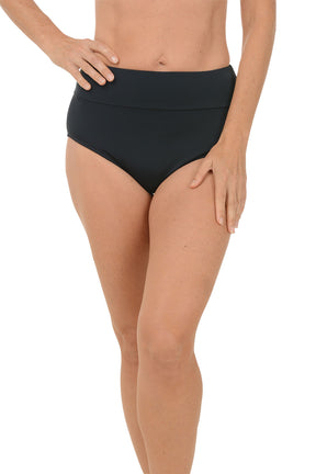 Person wearing black mid-waist bikini bottoms on a white background.