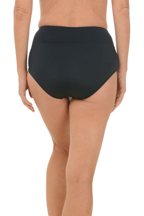 Person wearing black mid-waist bikini bottoms on a white background. Back shot.