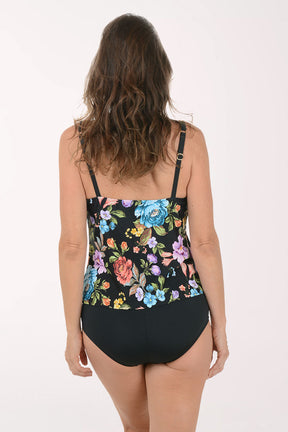 Woman wearing a floral tankini set on a white background. Back shot.