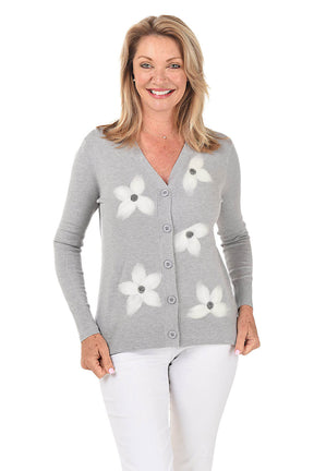 Grey Felted Flower Button-Front Cardigan
