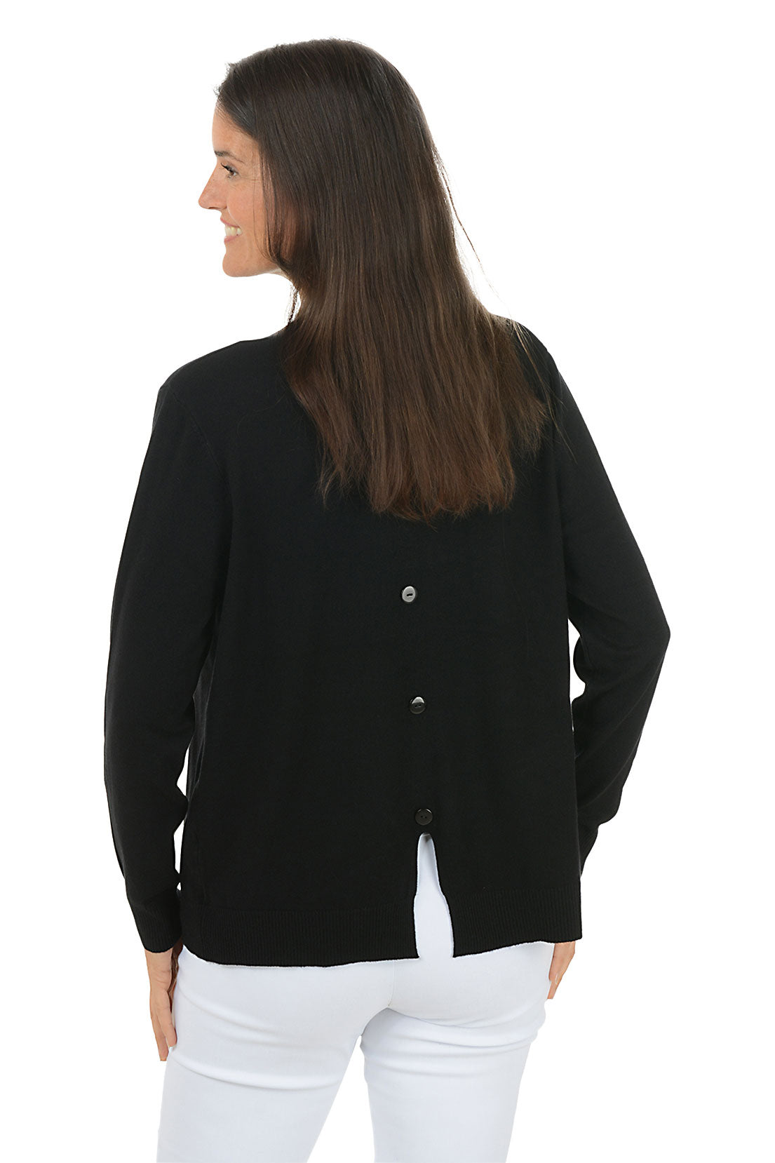 Woman wearing a black cardigan with a draped front and center back buttons over a white top on a white background. Back shot.