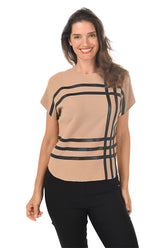 Faux Leather Striped Short Sleeve Sweater