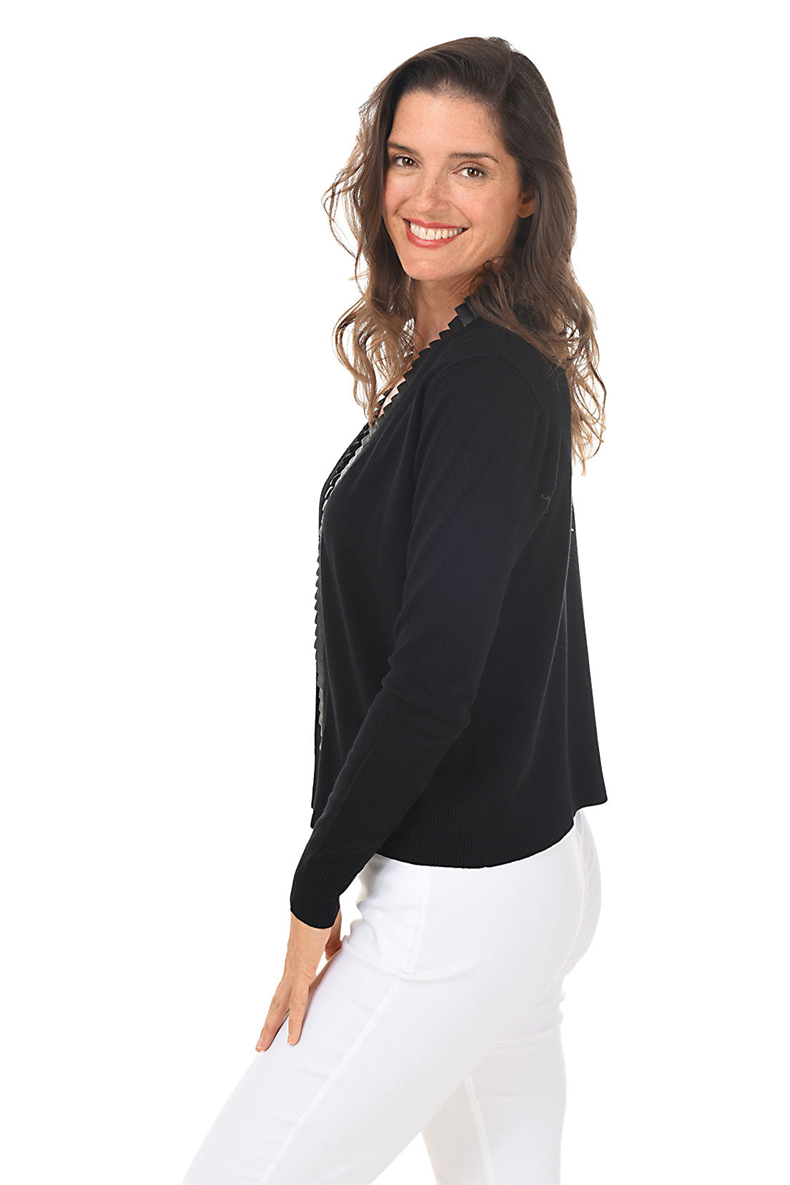 Pleated Faux Leather Trim Cardigan