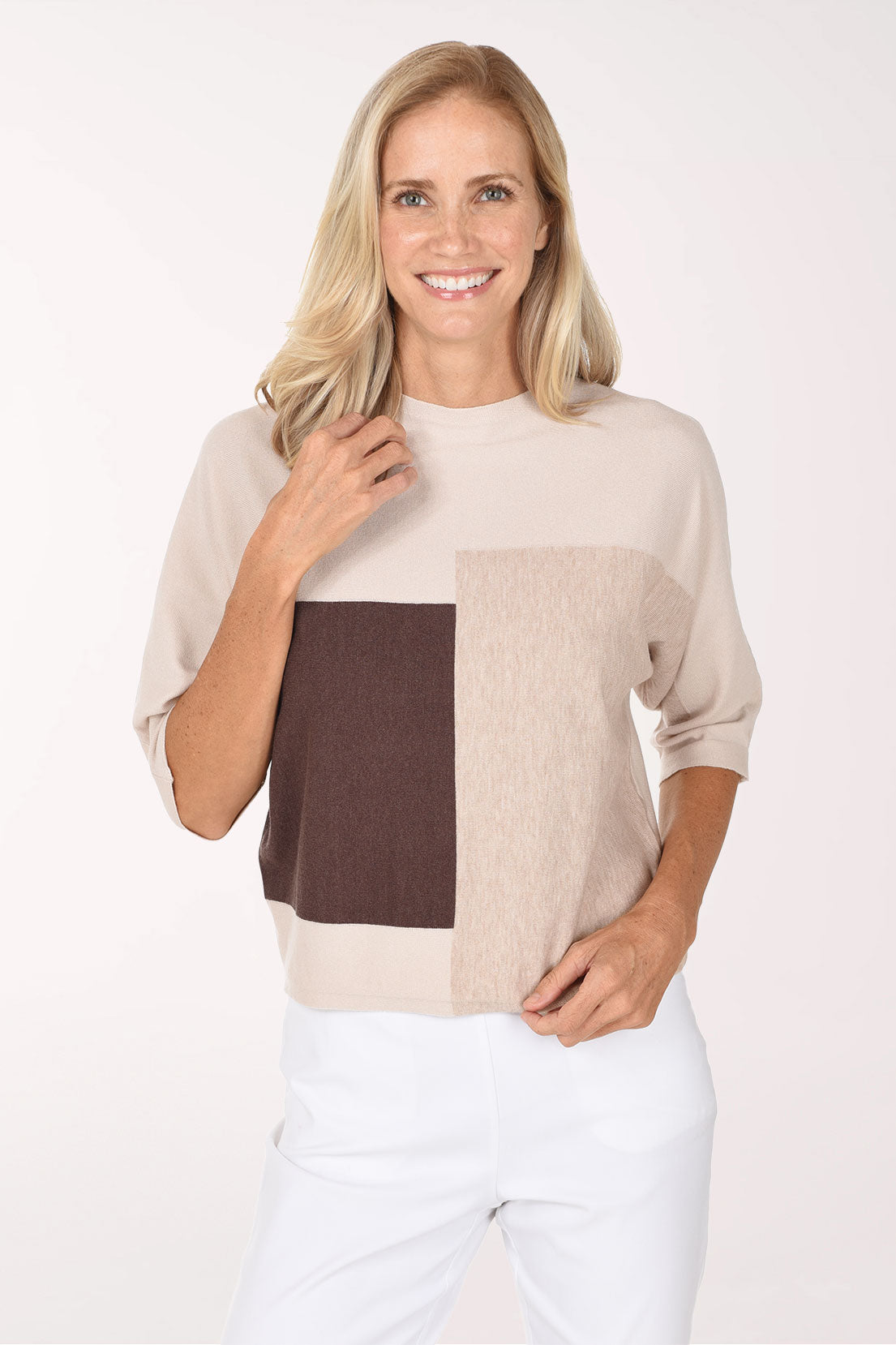 Winter White Color Block 3/4 Sleeve Sweater