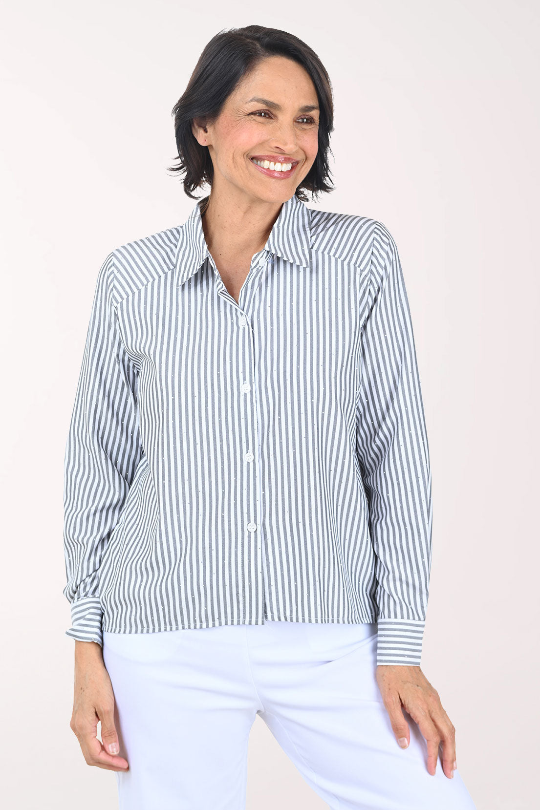 Rhinestone Striped High-Low Shirt | Milano