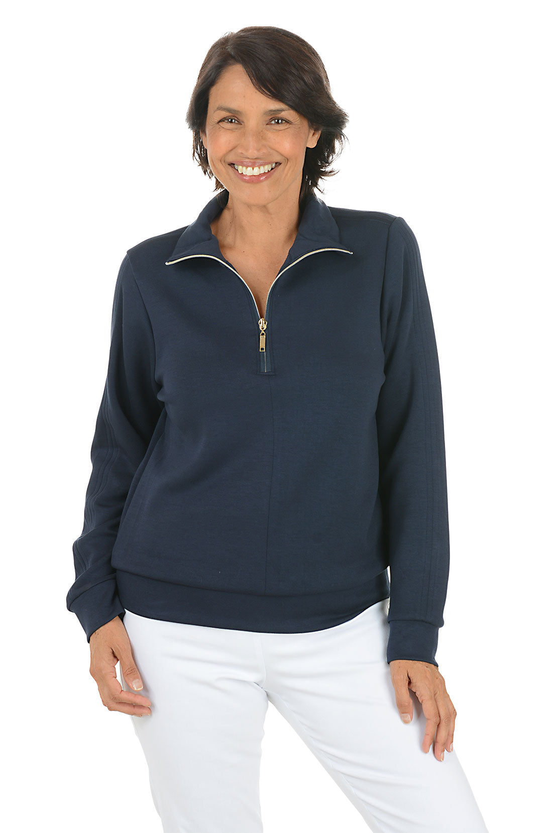 Woman wearing a navy blue pullover sweater with a zipper on a white background.