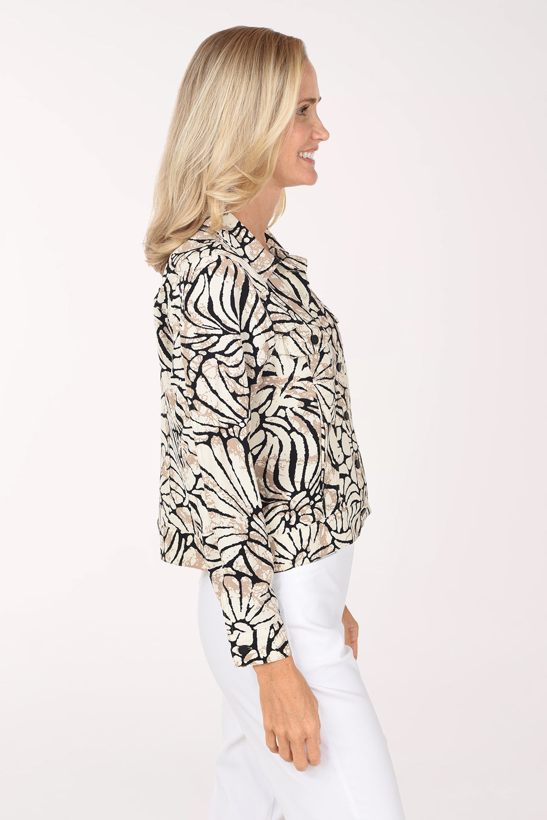Side view of the Seashell Flowy Button-Front Jacket showing the straight hem