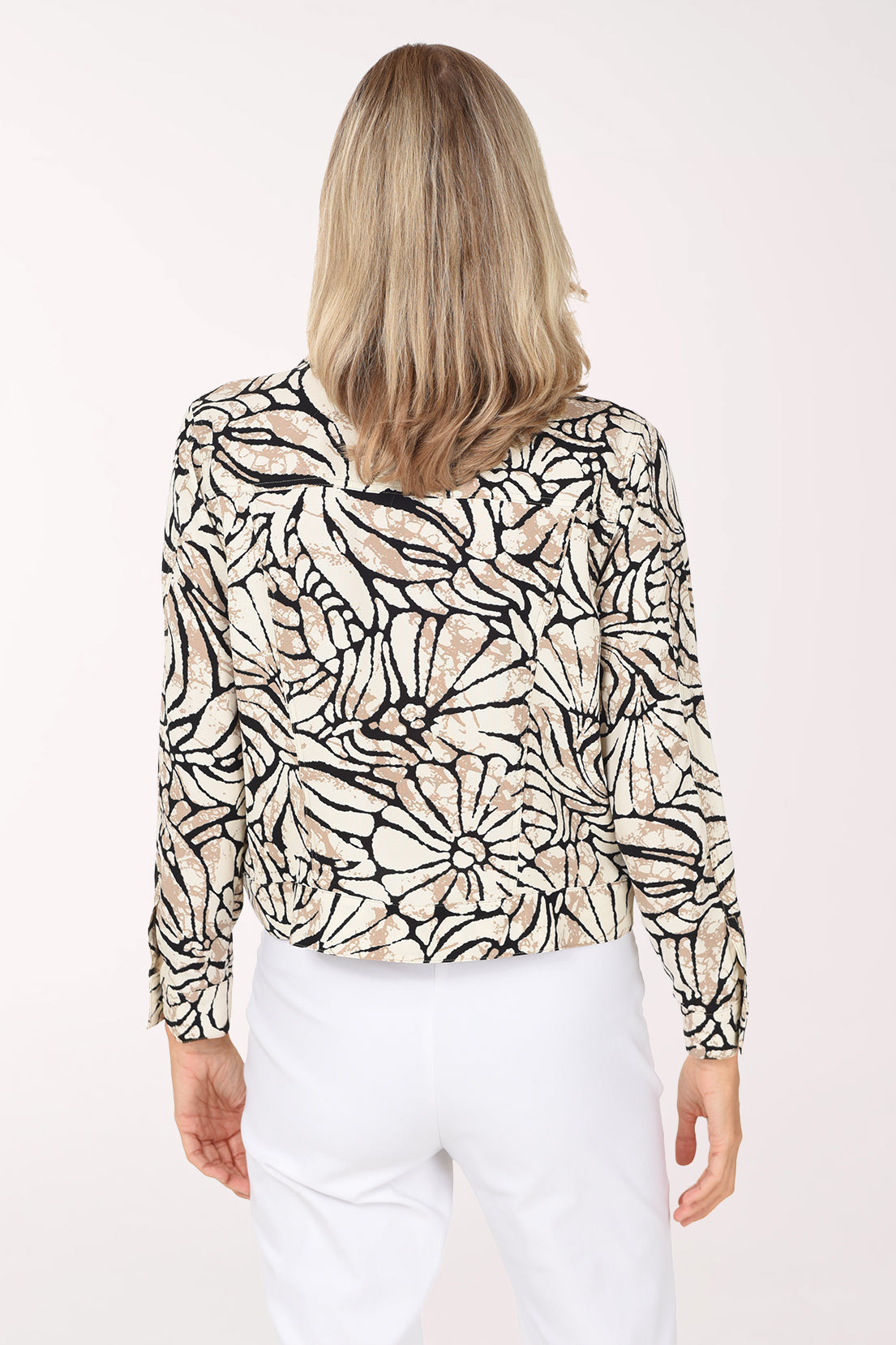 Back view of the Seashell Flowy Button-Front Jacket in black and taupe seashell print