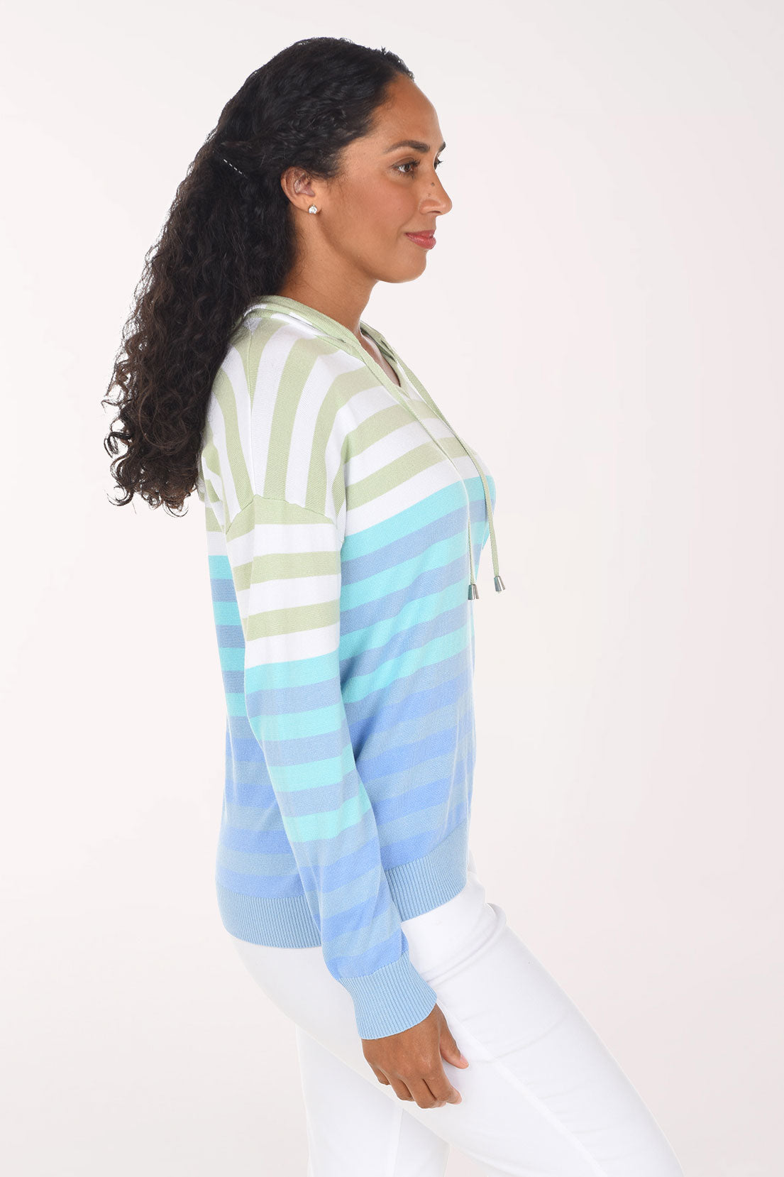 Side view of the Sky Gradient Striped Hoodie showing the hood, drop shoulder and ribbed cuff.