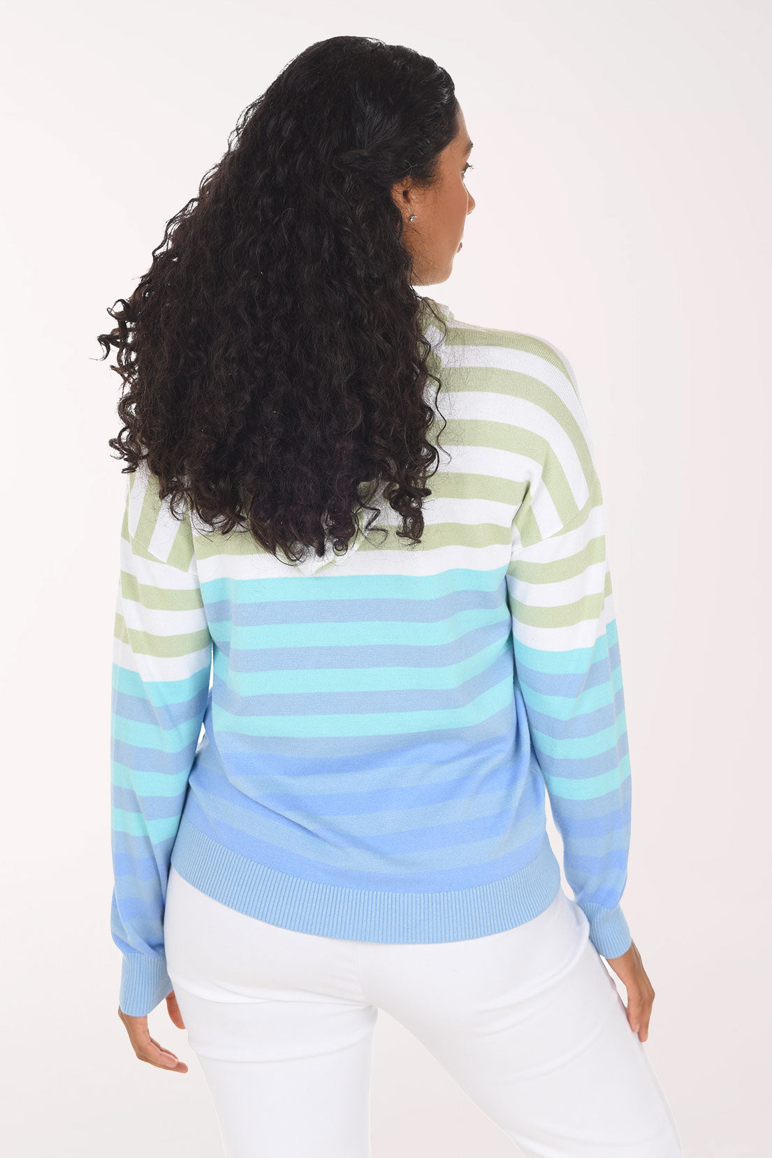 Back view of the Sky Gradient Striped Hoodie showing the stripes shifting from sage to aqua to periwinkle down to the ribbed hem.