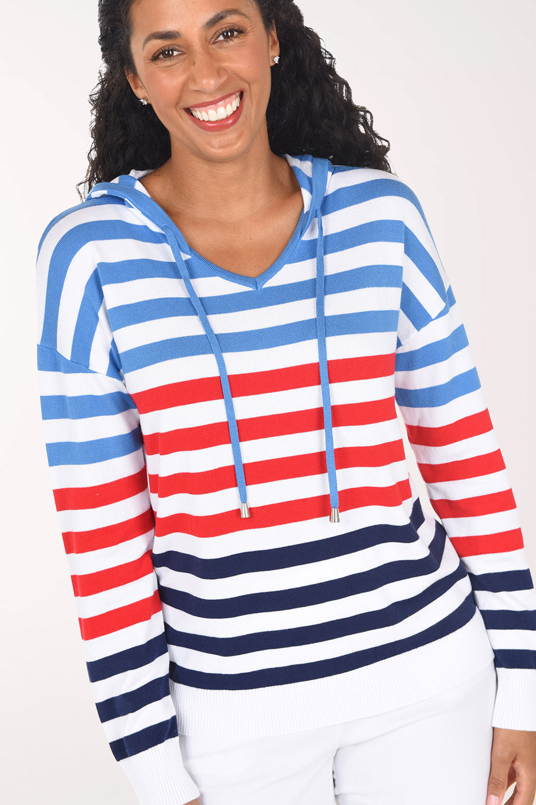Close-up of the Red White Blue Striped Hoodie showing the V-neckline, blue drawstrings and the band of red stripes across the chest.
