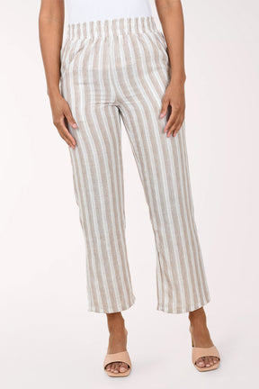 Striped pants worn by a person on a white background