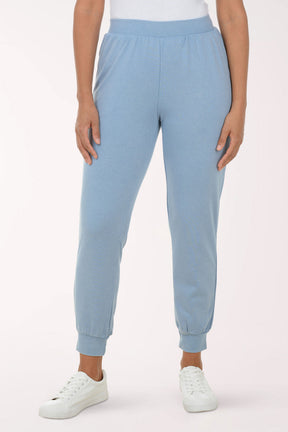 Light blue jogger pants worn by a person on a white background