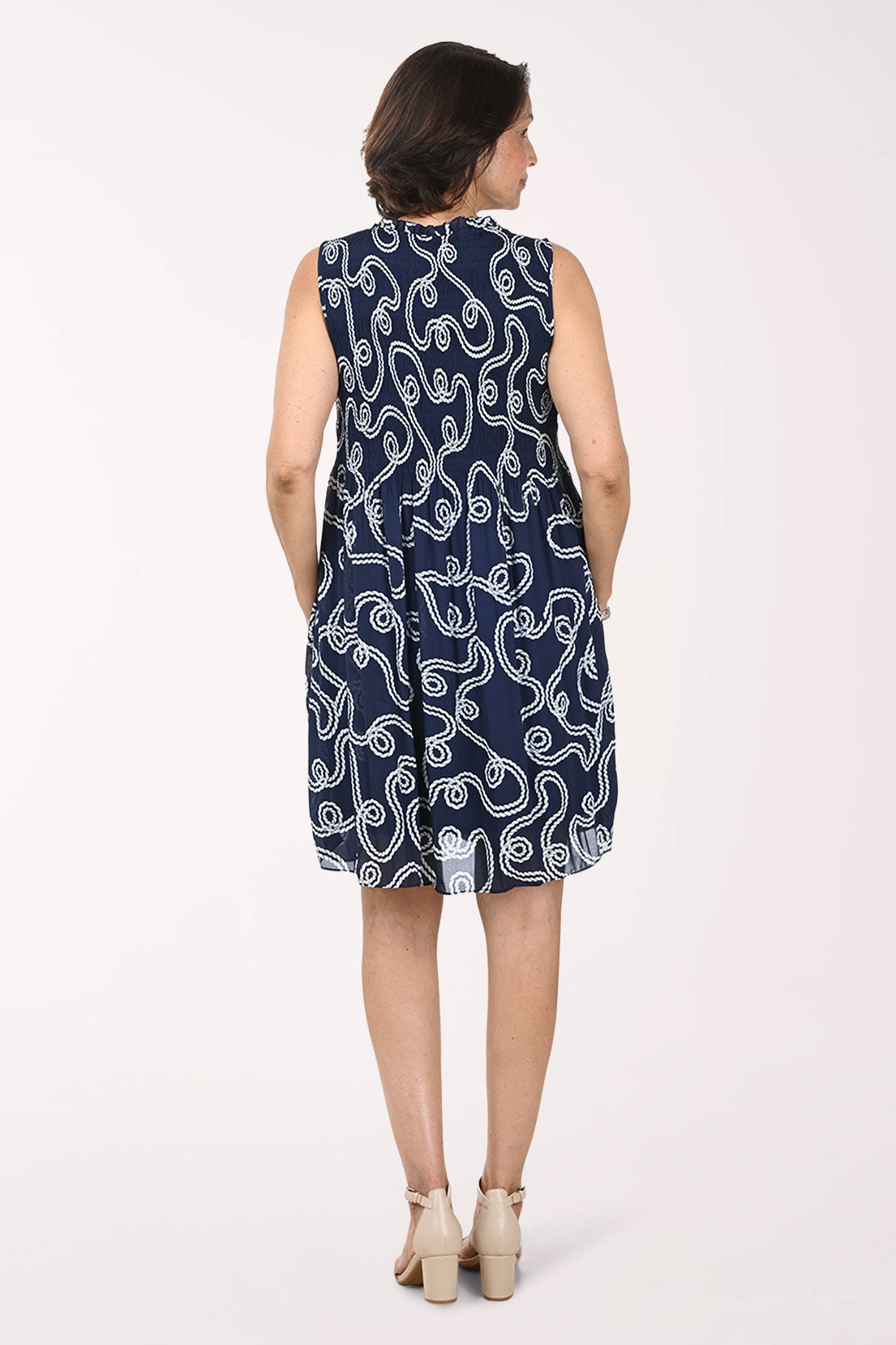 Ninety Clothing Knotted Rope Sleeveless Pleated Dress - Navy/white