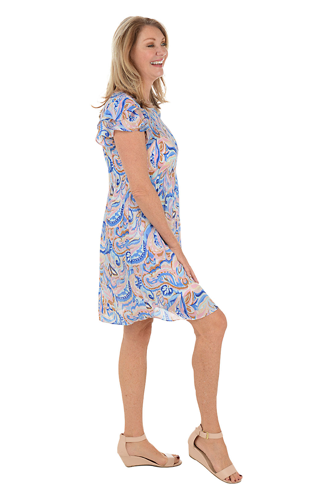 Muted Paisley Flutter Sleeve Pleated Dress