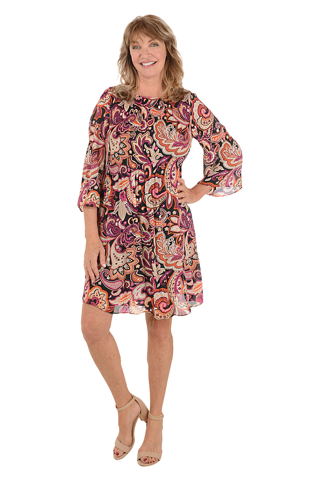 Woman wearing a red multi paisley patterned dress with 3/4 sleeves. Second front shot.