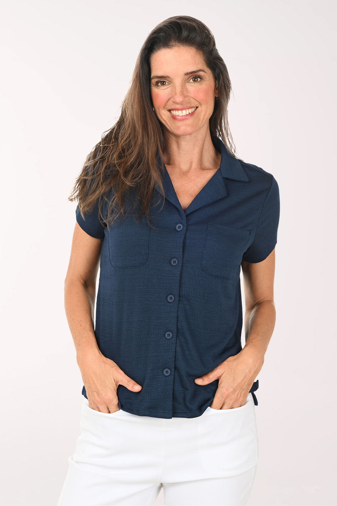 Slub Knit Button-Front Short Sleeve Top | Ninety Clothing