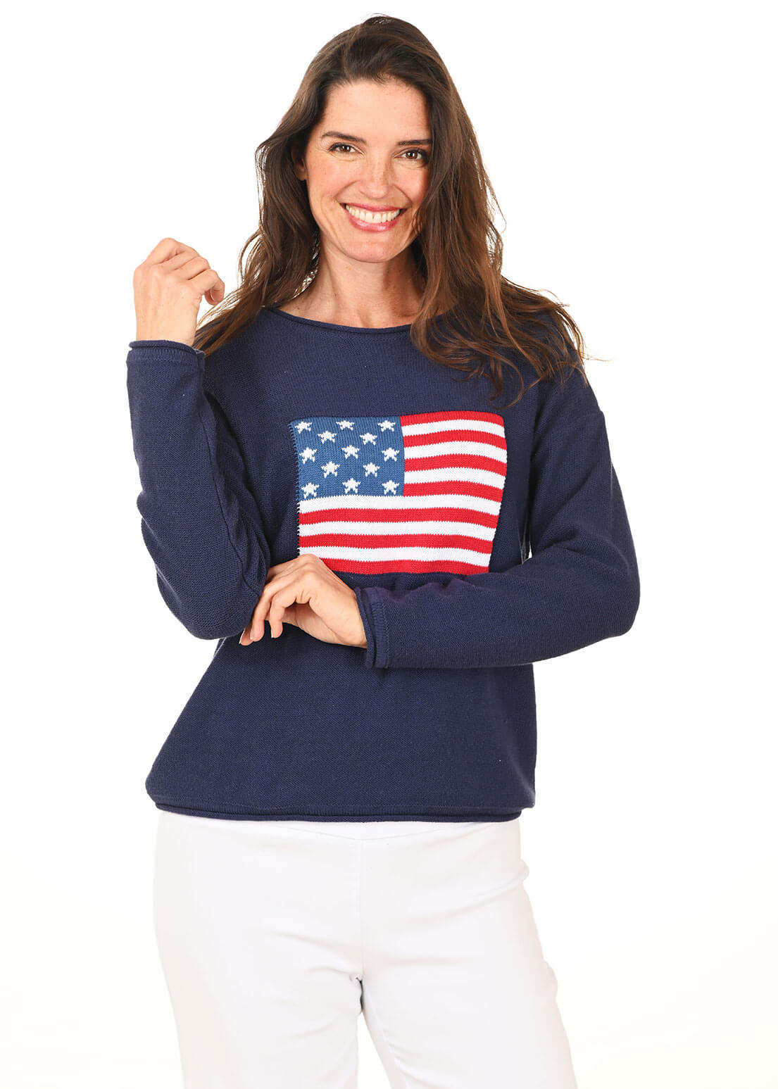 Woman wearing a navy blue sweatshirt with an American flag design on a white background