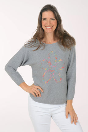 Woman wearing a gray sweater with colorful patterns on a white background