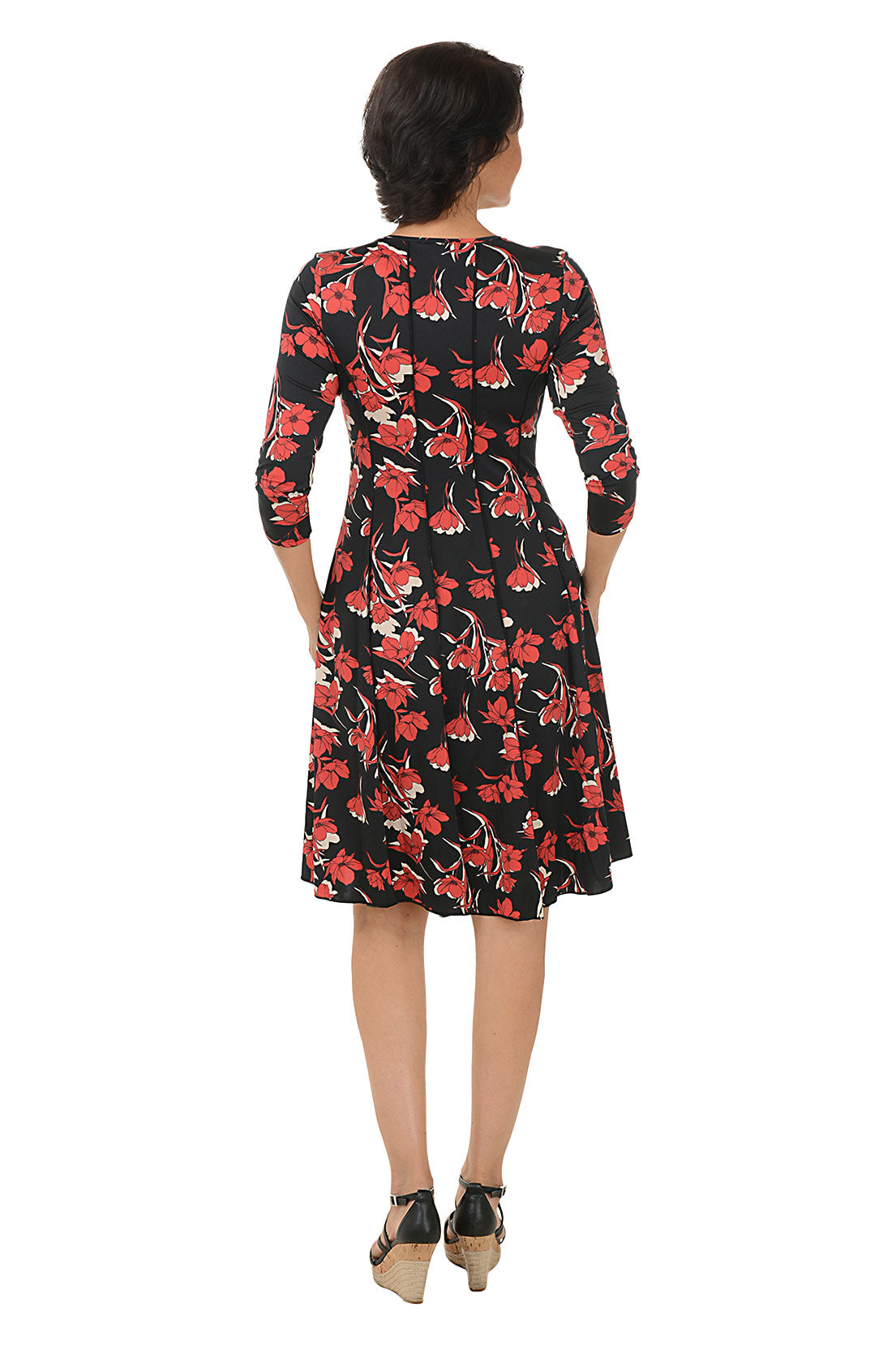 Red Poppies Seamed 3/4 Sleeve Dress