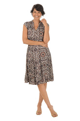 Natural Medallion Seamed Ruffle Hem Dress