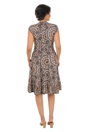 Natural Medallion Seamed Ruffle Hem Dress