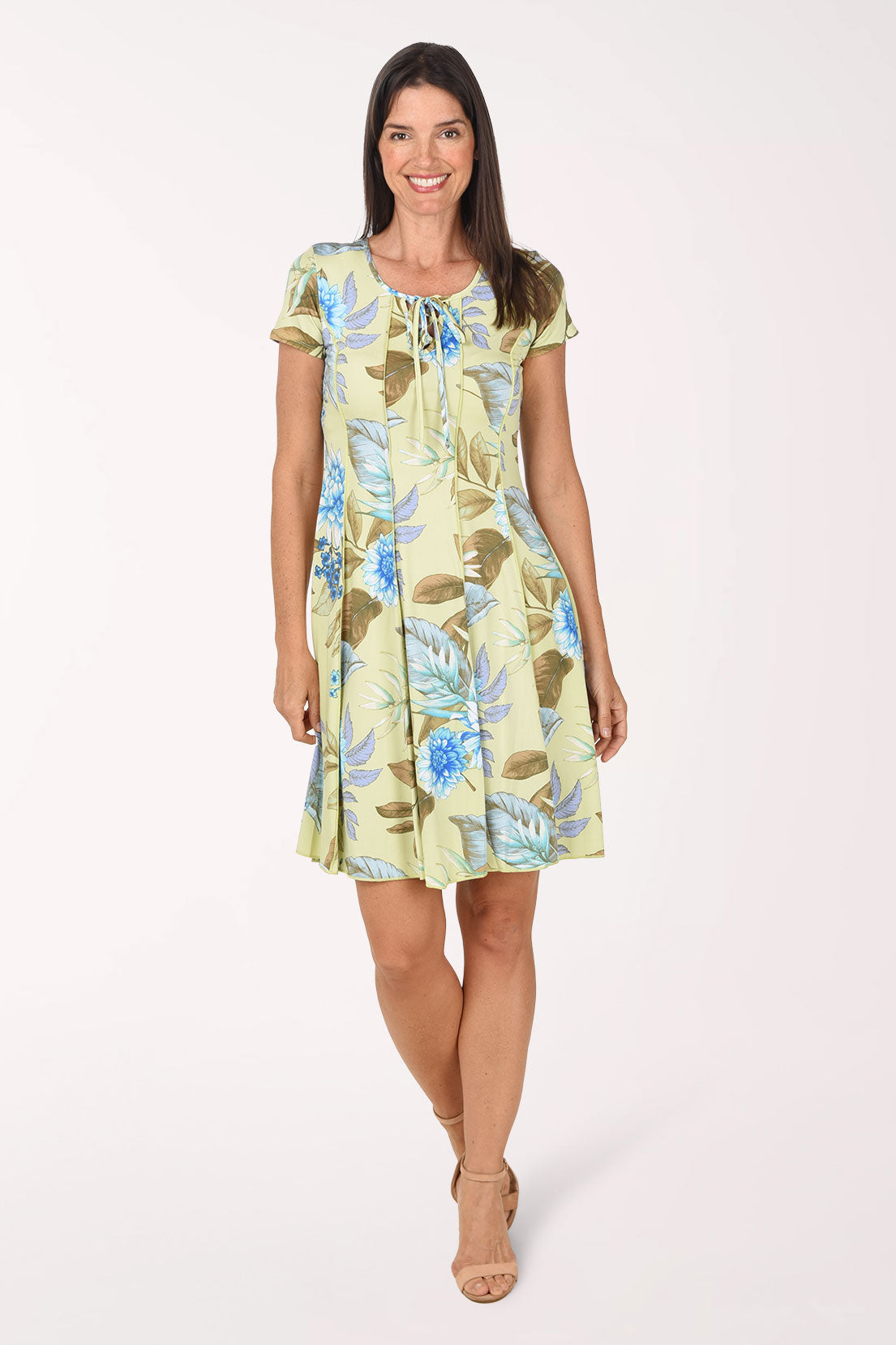 Front view of the Sunshine Sage Lace-Up Neck Dress showing the fit and flare skirt and above-the-knee length.