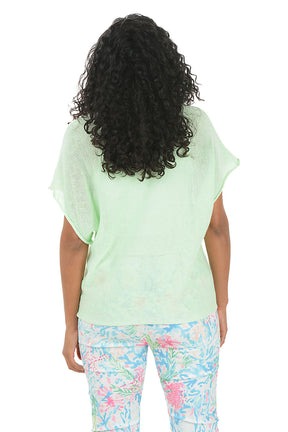 Woman wearing a light green top and colorful pants on a white background. Back shot.