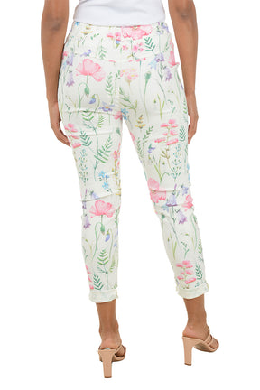 Floral jogger pants worn by a person on a white background. Back shot.