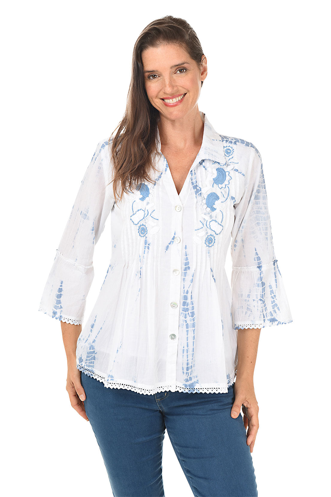 Petite Blue Presley Embroidered Bell Sleeve Shirt