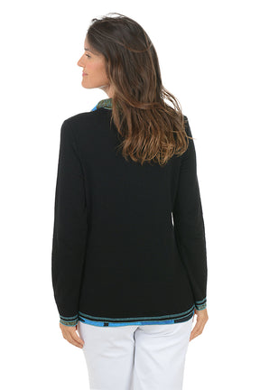 Woman wearing a black sweater with blue colorful trim on a white background. Back shot.