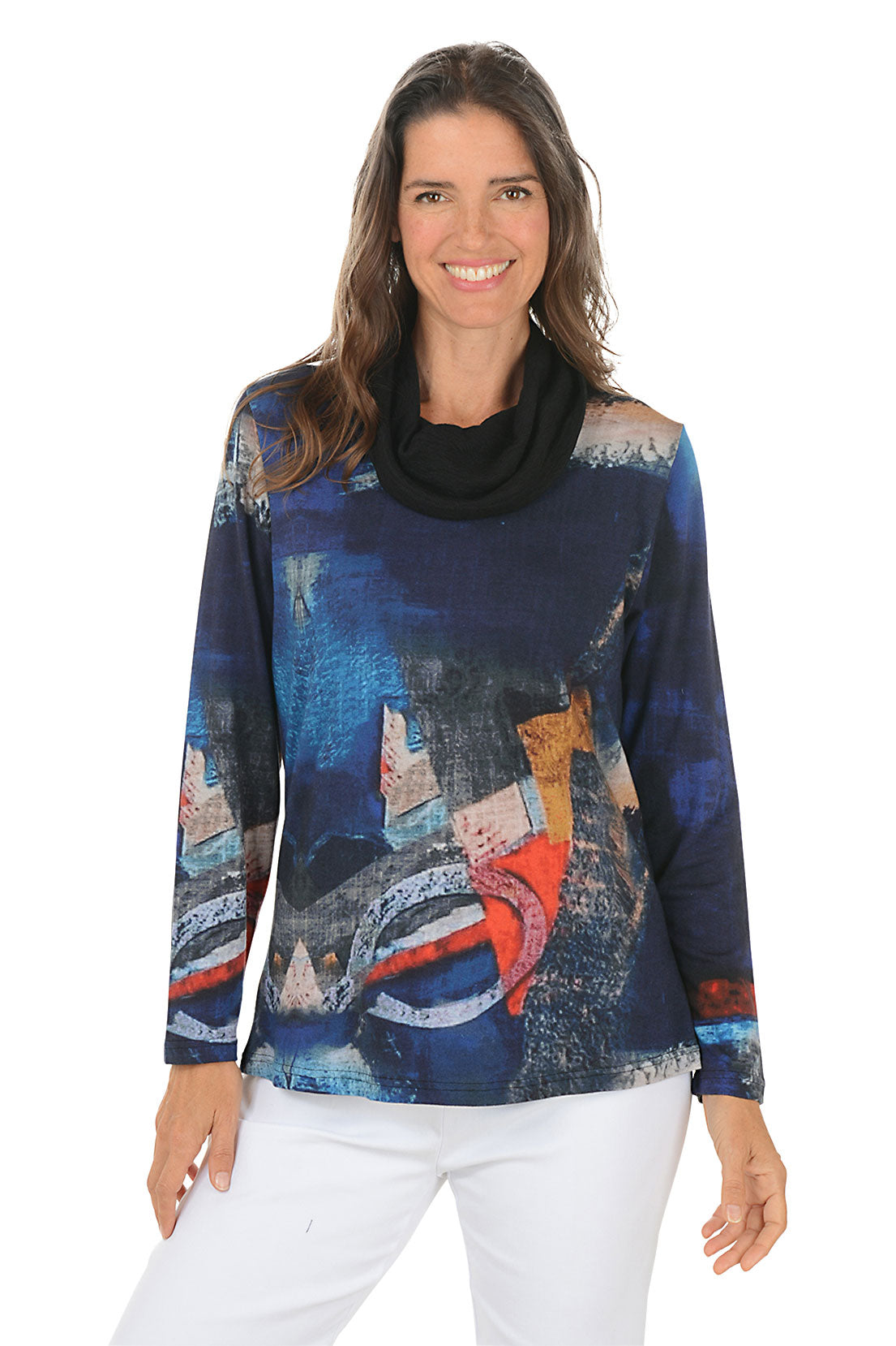 Woman wearing a colorful long-sleeve top with abstract design on a white background. Second front shot.