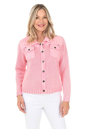 Button-Front Denim Sweater Jacket