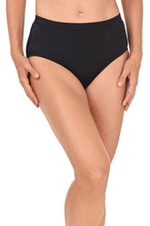 Person wearing black high-waisted bikini bottoms on a white background
