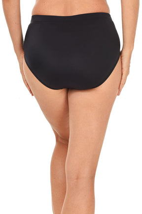Black high-waisted bikini bottom worn by a person on a white background