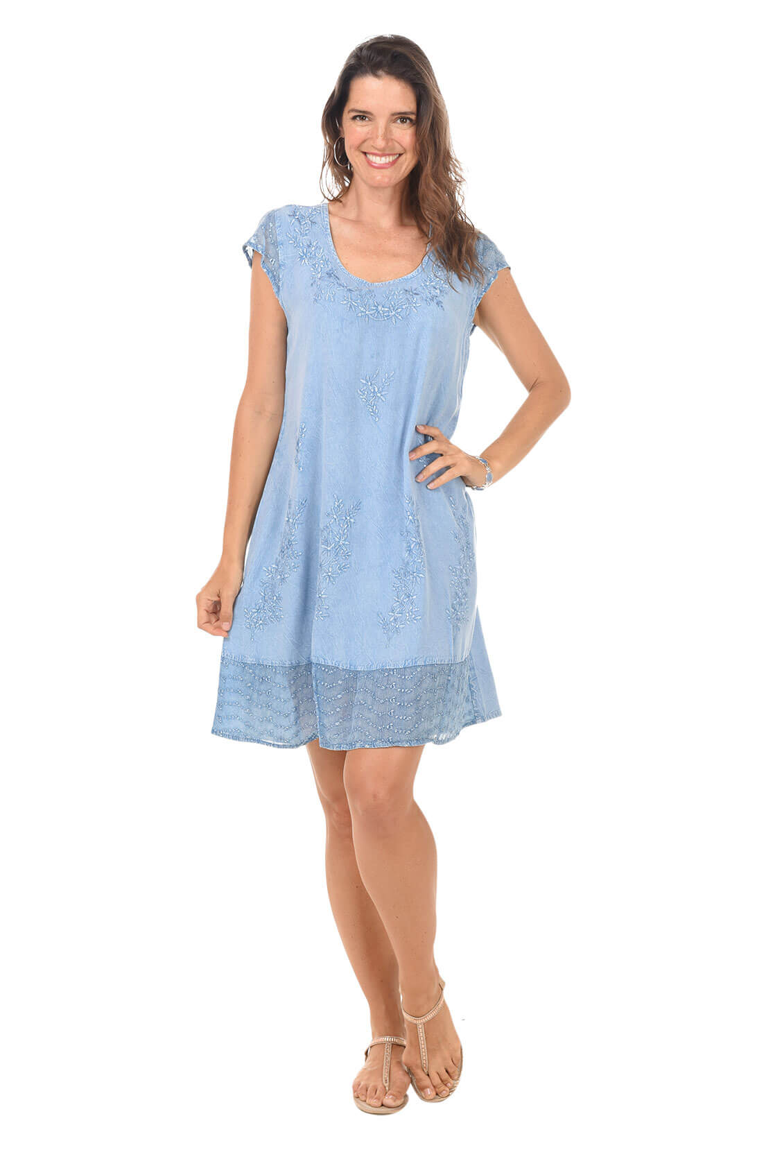 Chambray Embroidered Cap Sleeve Dress