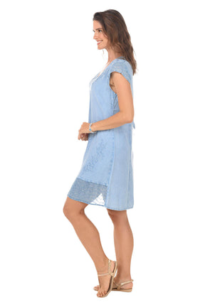 Chambray Embroidered Cap Sleeve Dress