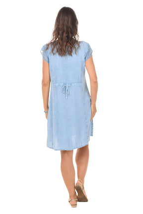 Chambray Embroidered Cap Sleeve Dress