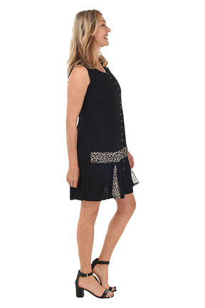 Black Animal Embroidery Button-Front Tank Dress