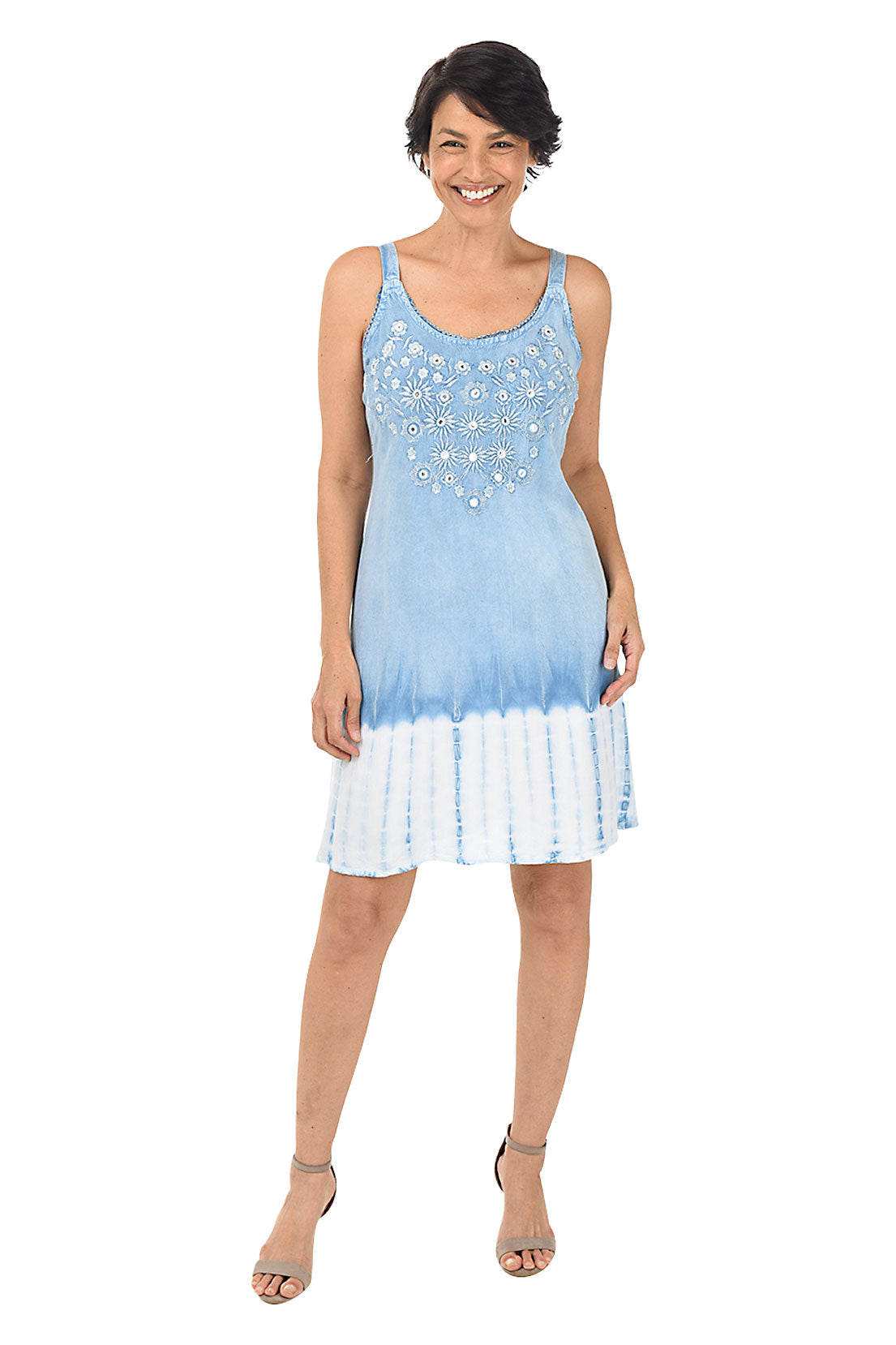 Chambray Embroidery Dip-Dyed Tank Dress