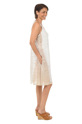 Champagne Vertical Tie-Dye Embroidered Sleeveless Dress