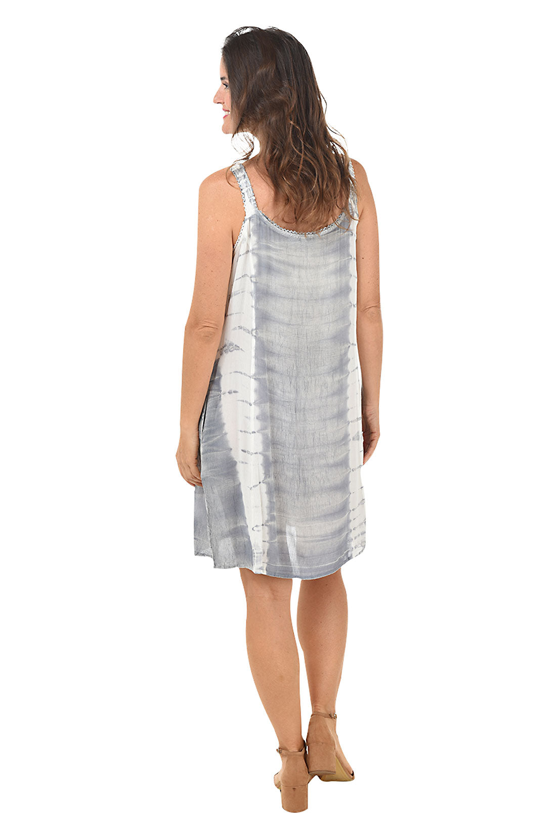 Grey Vertical Tie-Dye Embroidered Sleeveless Dress