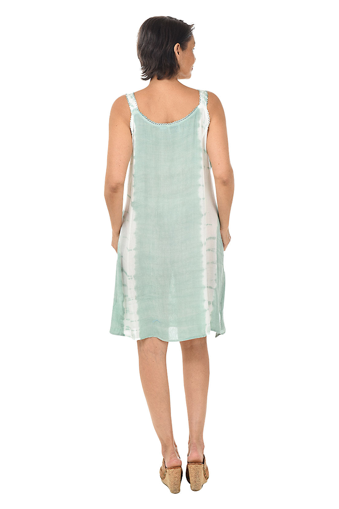 Sage Vertical Tie-Dye Embroidered Sleeveless Dress