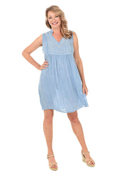 Chambray Embroidered Sleeveless Crinkle Dress